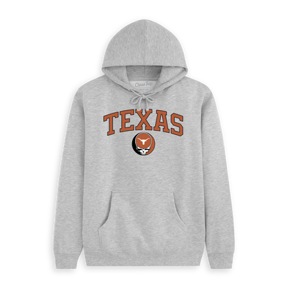 Gray Texas hoodie with bold collegiate lettering and longhorn logo on front, Class Trip | Officially Licensed Collegiate Apparel