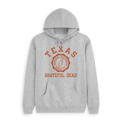Gray hoodie with Texas Grateful Dead graphic and kangaroo pocket. Class Trip | Officially Licensed Collegiate Apparel