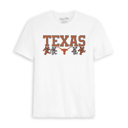 White Texas tee with Longhorn logo and dancing bears graphic. Class Trip | Officially Licensed Collegiate Apparel