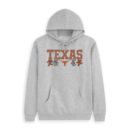 Gray hoodie with 'Texas' text, mascot bears, and longhorn logo on front. Class Trip | Officially Licensed Collegiate Apparel