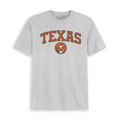 Texas graphic tee with skull and longhorn logo on heather gray shirt. Class Trip | Officially Licensed Collegiate Apparel