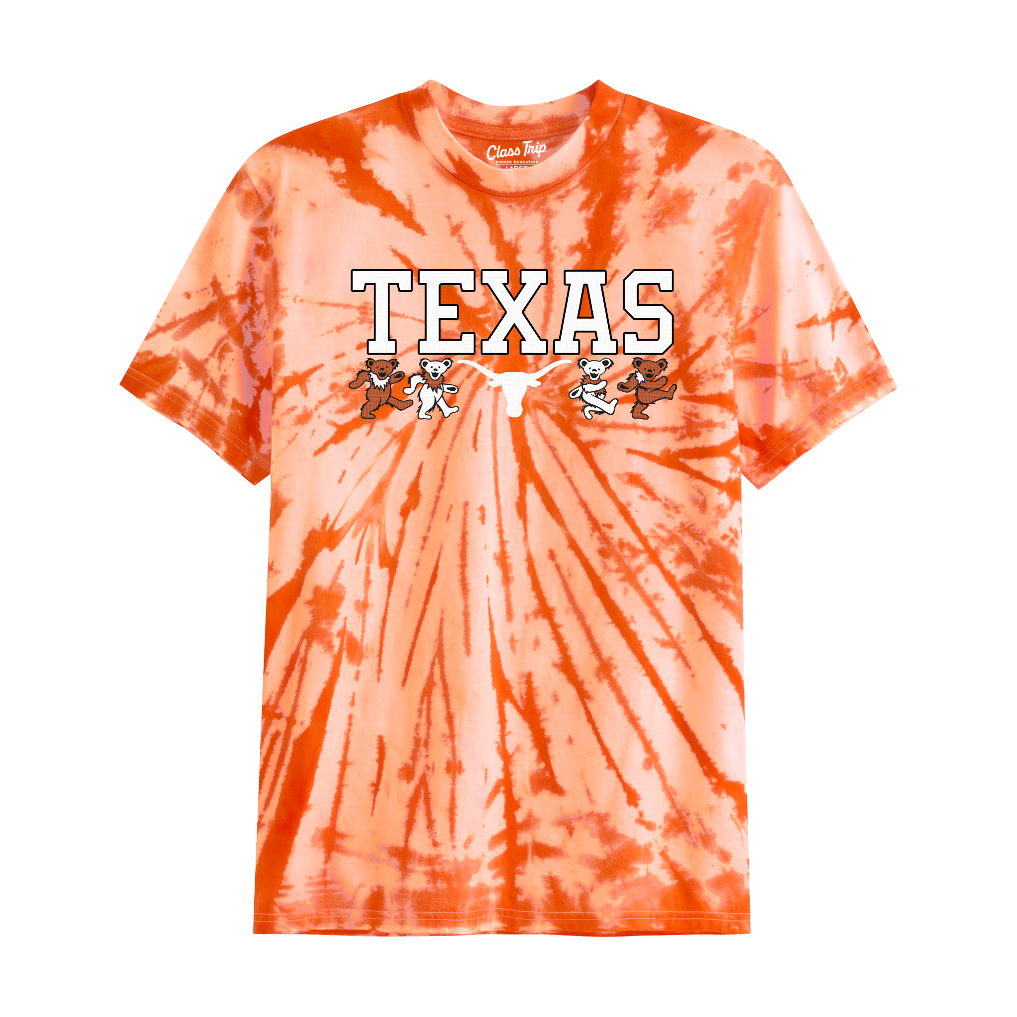 Orange tie-dye tee with TEXAS text, dancing mascot bears, and bull logo. Class Trip | Officially Licensed Collegiate Apparel