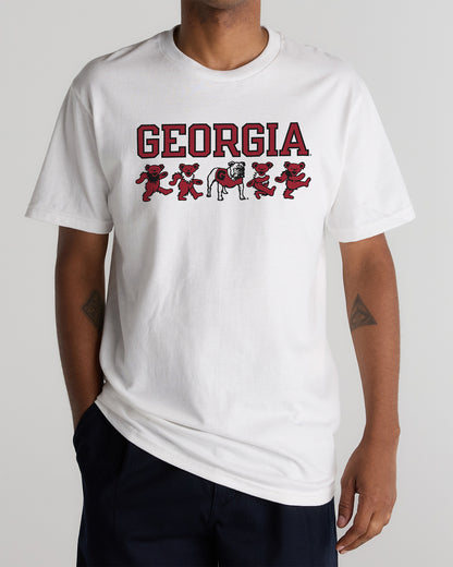 Model wearing the White Georgia x Grateful Dead Mascot Dawgs Tee, front view. Class Trip | Higher Education