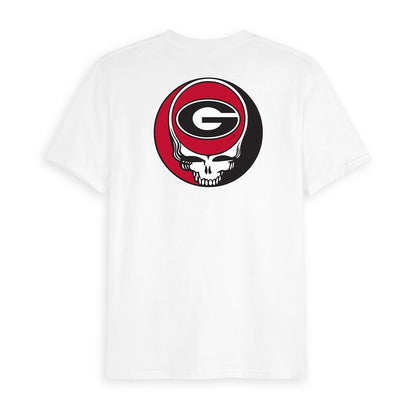 White Class Trip t-shirt featuring a Georgia G and Grateful Dead skull mashup. Georgia x Grateful Dead Steal Your Face Tee Class Trip | Higher Education
