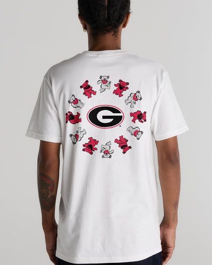 Model wearing the White Georgia x Grateful Dead Circle Bears Tee, back view. Class Trip | Higher Education