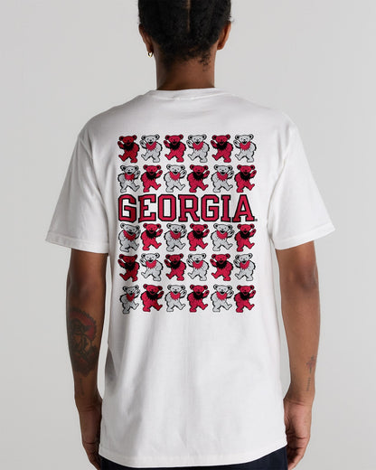 Model wearing the White Georgia x Grateful Dead Stacked Bears Tee, back view. Class Trip | Higher Education