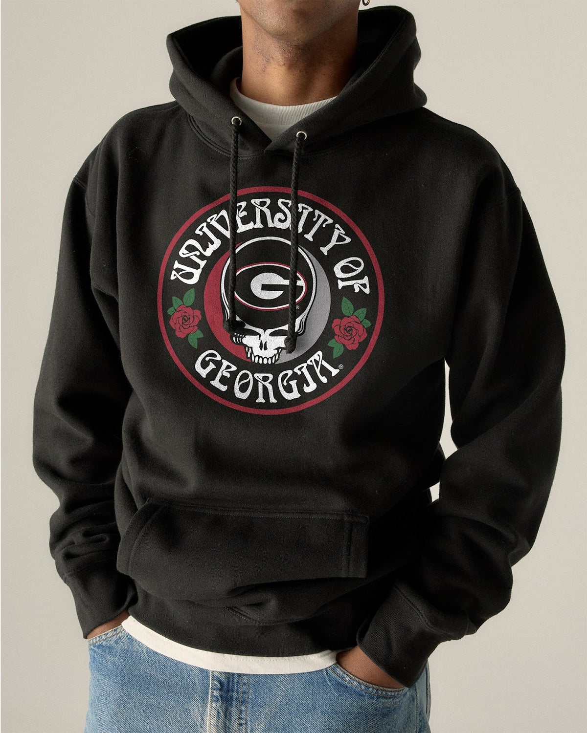 Model wearing the Black Georgia x Grateful Dead Run For The Roses Hoodie, front view. Class Trip | Higher Education