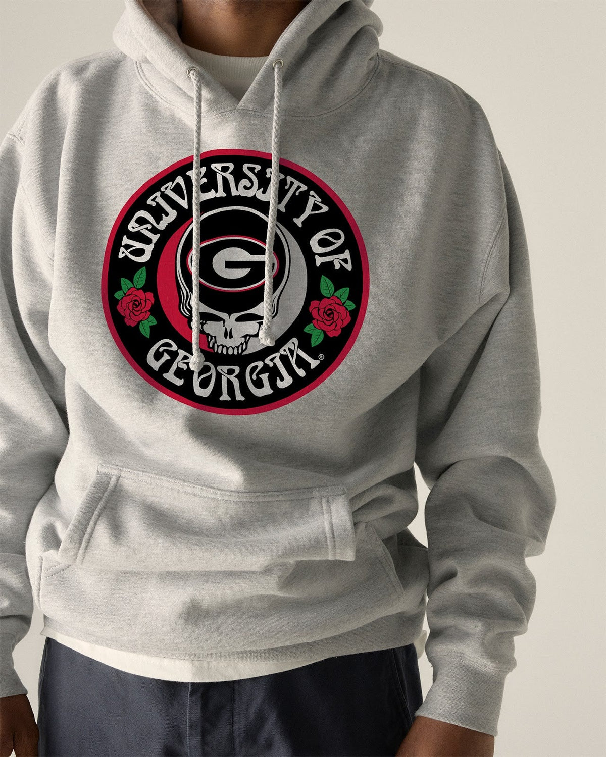 Model wearing the Heather Grey Georgia x Grateful Dead Run For The Roses Hoodie, front view. Class Trip | Higher Education