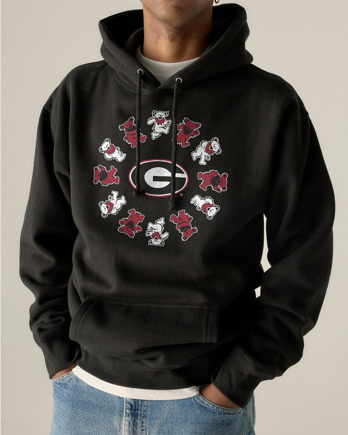 Model wearing the Black Georgia x Grateful Dead Circle Bears Hoodie, front view. Class Trip | Higher Education