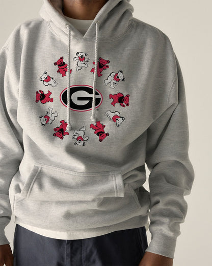 Model wearing the Heather Grey Georgia x Grateful Dead Circle Bears Hoodie, front view. Class Trip | Higher Education