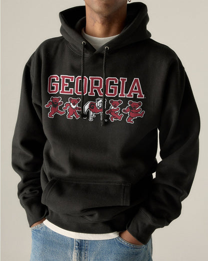 Model wearing the Black Georgia x Grateful Dead Mascot Bears Hoodie, front view. Class Trip | Higher Education