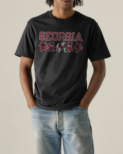 Model wearing the Black Georgia x Grateful Dead Mascot Bears Tee, front view. Class Trip | Higher Education