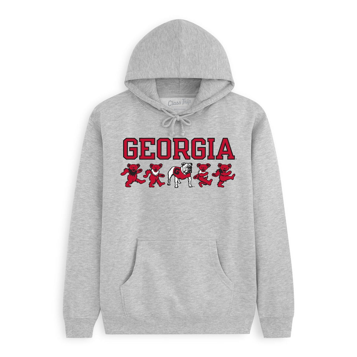 Grey Class Trip hoodie with Georgia text and dancing bears. Georgia x Grateful Dead Mascot Bears Hoodie Class Trip | Higher Education