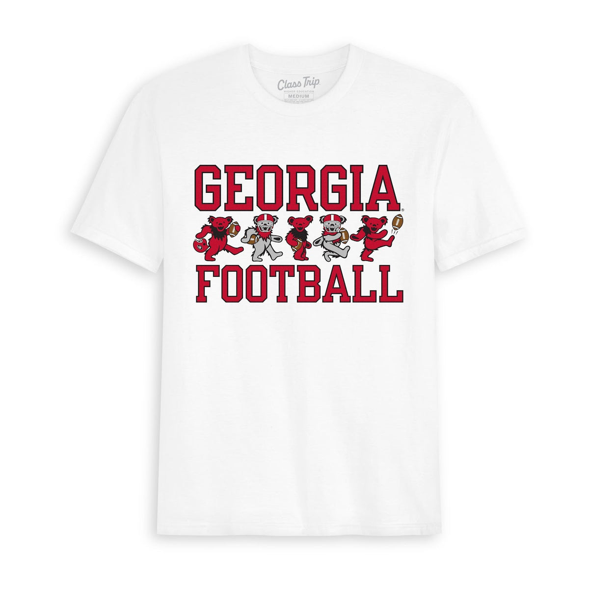 White Class Trip t-shirt with Georgia Football text and dancing bears. Georgia x Grateful Dead Football Bears Tee Class Trip | Higher Education
