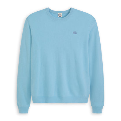 Men's baby blue merino wool crewneck sweater with collegiate logo on chest, Class Trip | Officially Licensed Collegiate Apparel