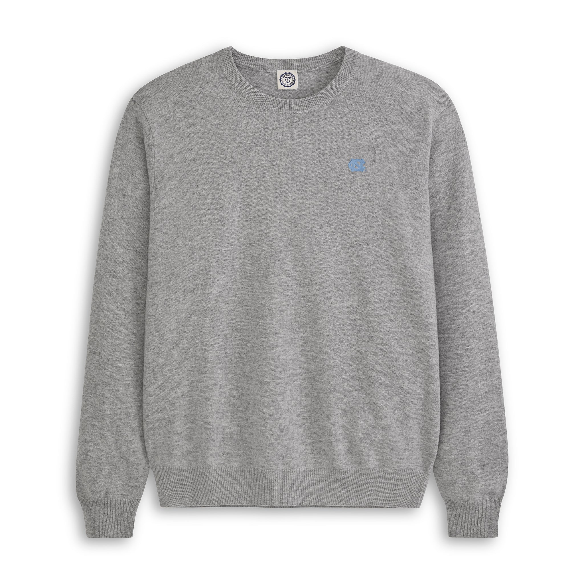 Men's grey merino crewneck sweater with UNC logo, collegiate apparel. Class Trip | Officially Licensed Collegiate Apparel