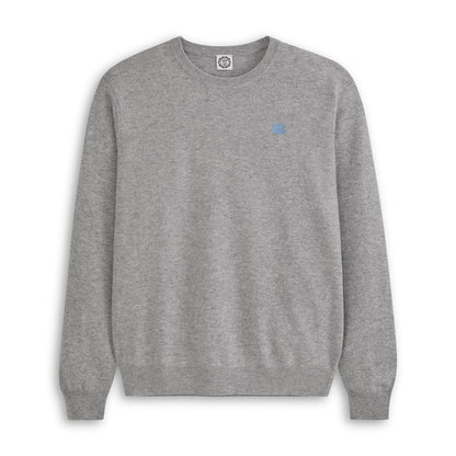 Men's grey merino crewneck sweater with UNC logo, collegiate apparel. Class Trip | Officially Licensed Collegiate Apparel