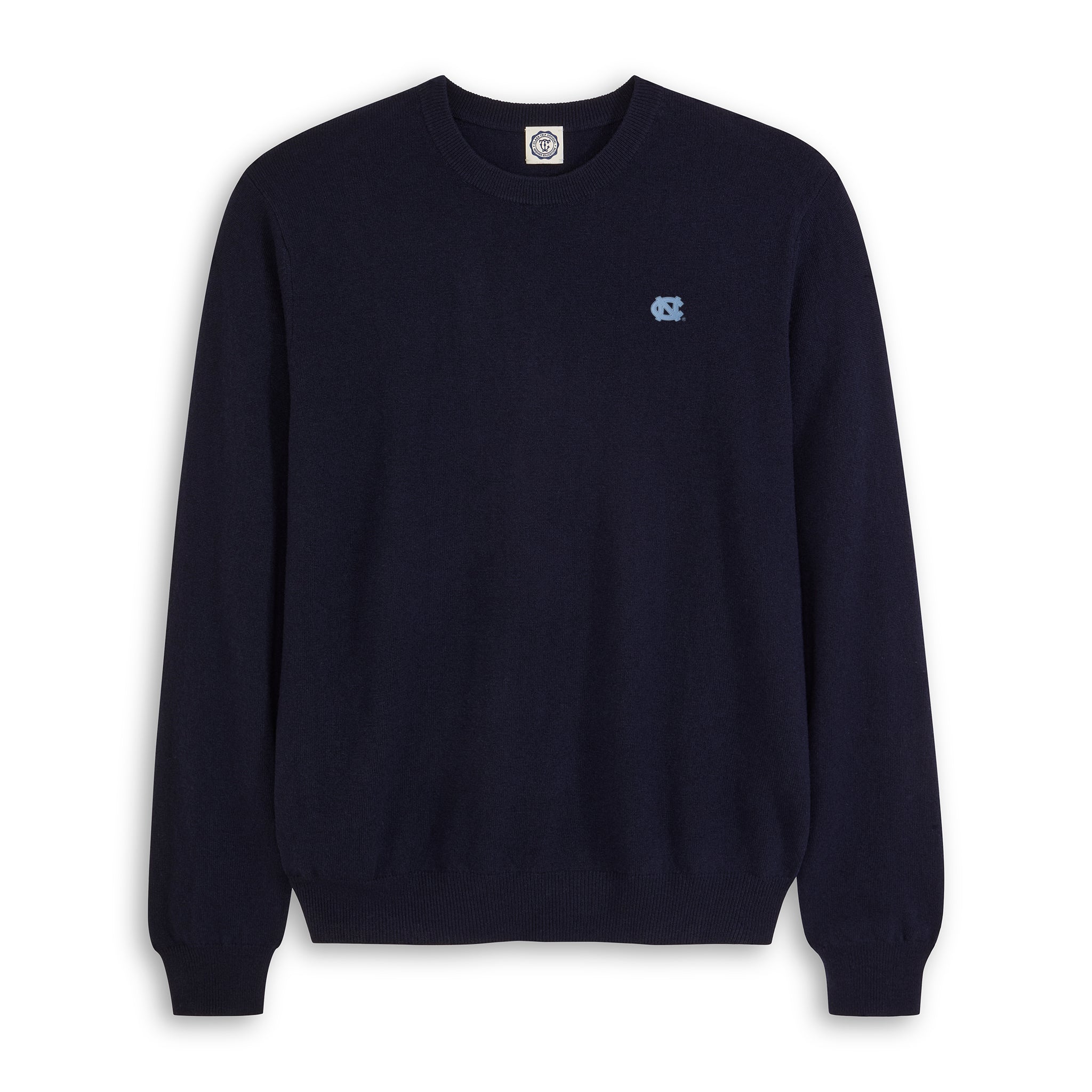 Navy UNC crewneck sweater with light blue logo, officially licensed collegiate apparel. Class Trip | Officially Licensed Collegiate Apparel