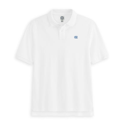 White UNC polo shirt with embroidered logo, collegiate apparel. Class Trip | Officially Licensed Collegiate Apparel