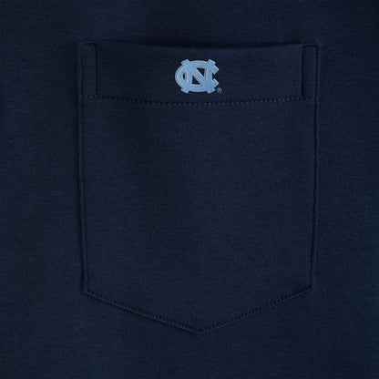 Navy blue tee with embroidered UNC logo on chest pocket. Class Trip | Officially Licensed Collegiate Apparel