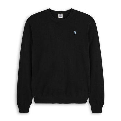 Men's black merino wool crewneck sweater with small blue logo on chest, Class Trip | Officially Licensed Collegiate Apparel