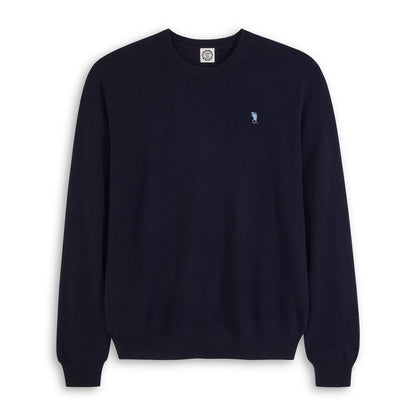 Men's navy merino wool crewneck sweater with small collegiate emblem on chest. Class Trip | Officially Licensed Collegiate Apparel