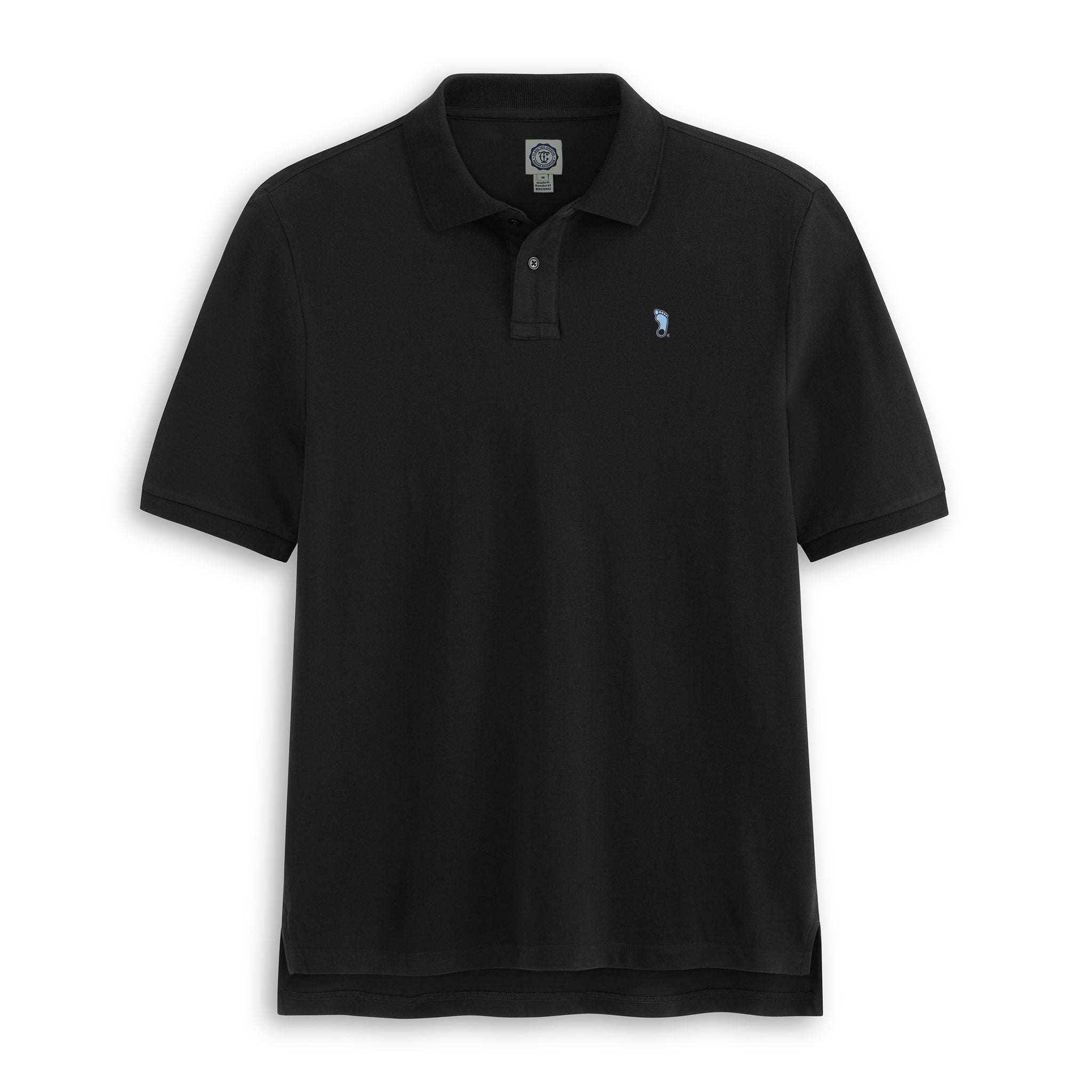 Black polo shirt with small foot logo, classic fit, premium collegiate apparel. Class Trip | Officially Licensed Collegiate Apparel