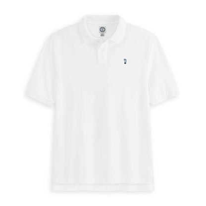 White pique polo shirt with small blue foot logo, Class Trip | Officially Licensed Collegiate Apparel