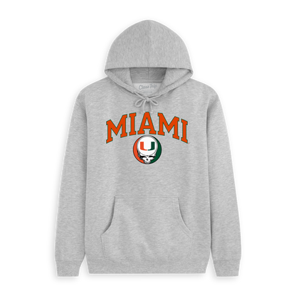 Gray Miami hoodie with collegiate logo and skull graphic, front view. Class Trip | Officially Licensed Collegiate Apparel