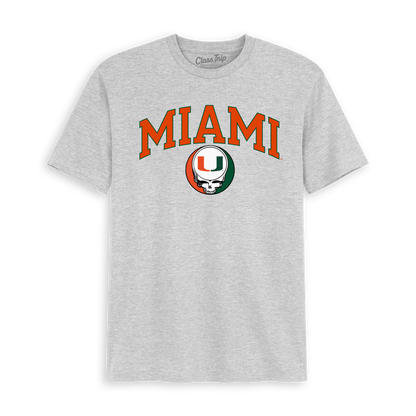 Gray University of Miami graphic tee with skull logo, collegiate apparel. Class Trip | Officially Licensed Collegiate Apparel