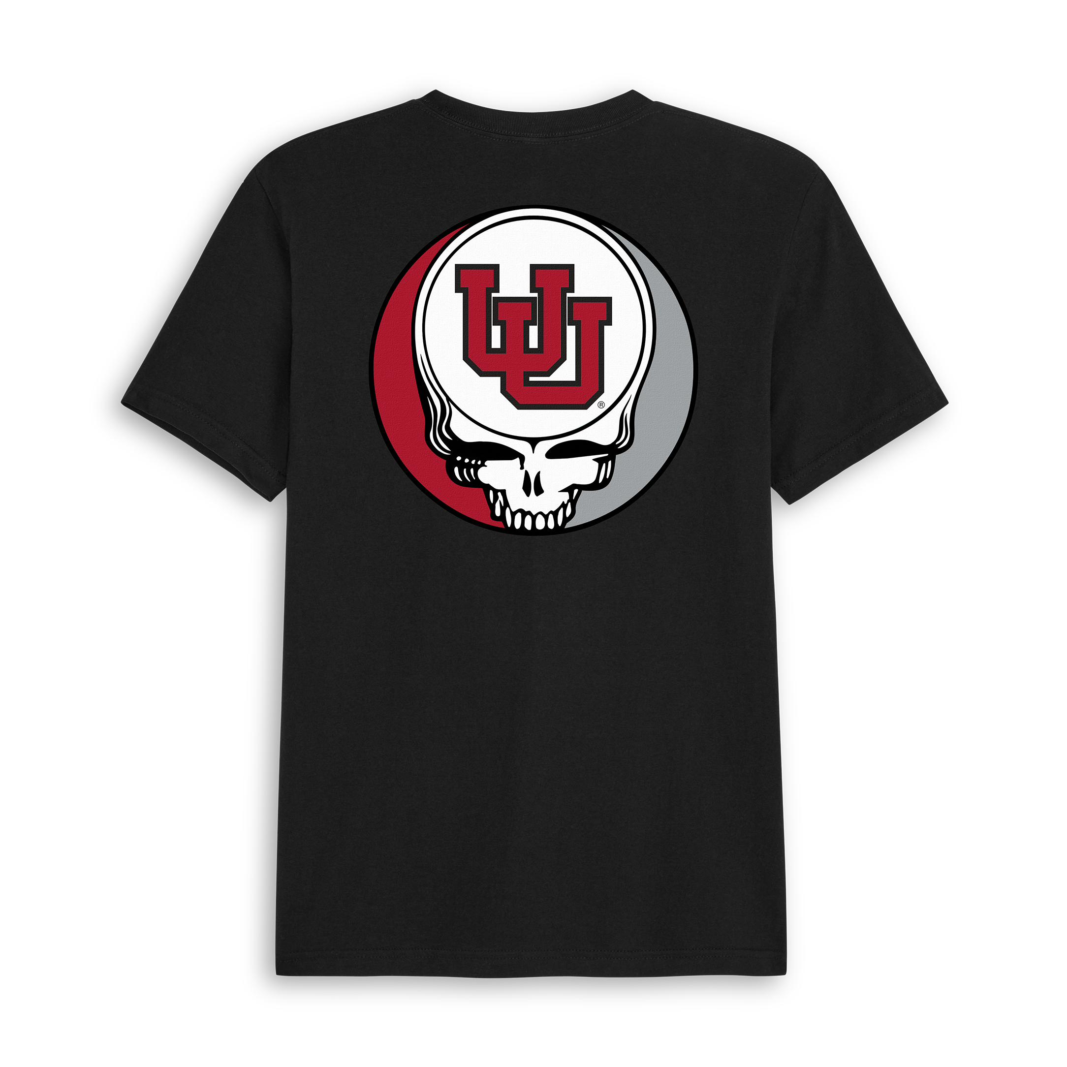 Black collegiate t-shirt with Utah skull logo graphic on back. Class Trip | Officially Licensed Collegiate Apparel