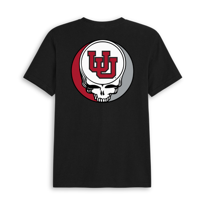 Black collegiate t-shirt with Utah skull logo graphic on back. Class Trip | Officially Licensed Collegiate Apparel