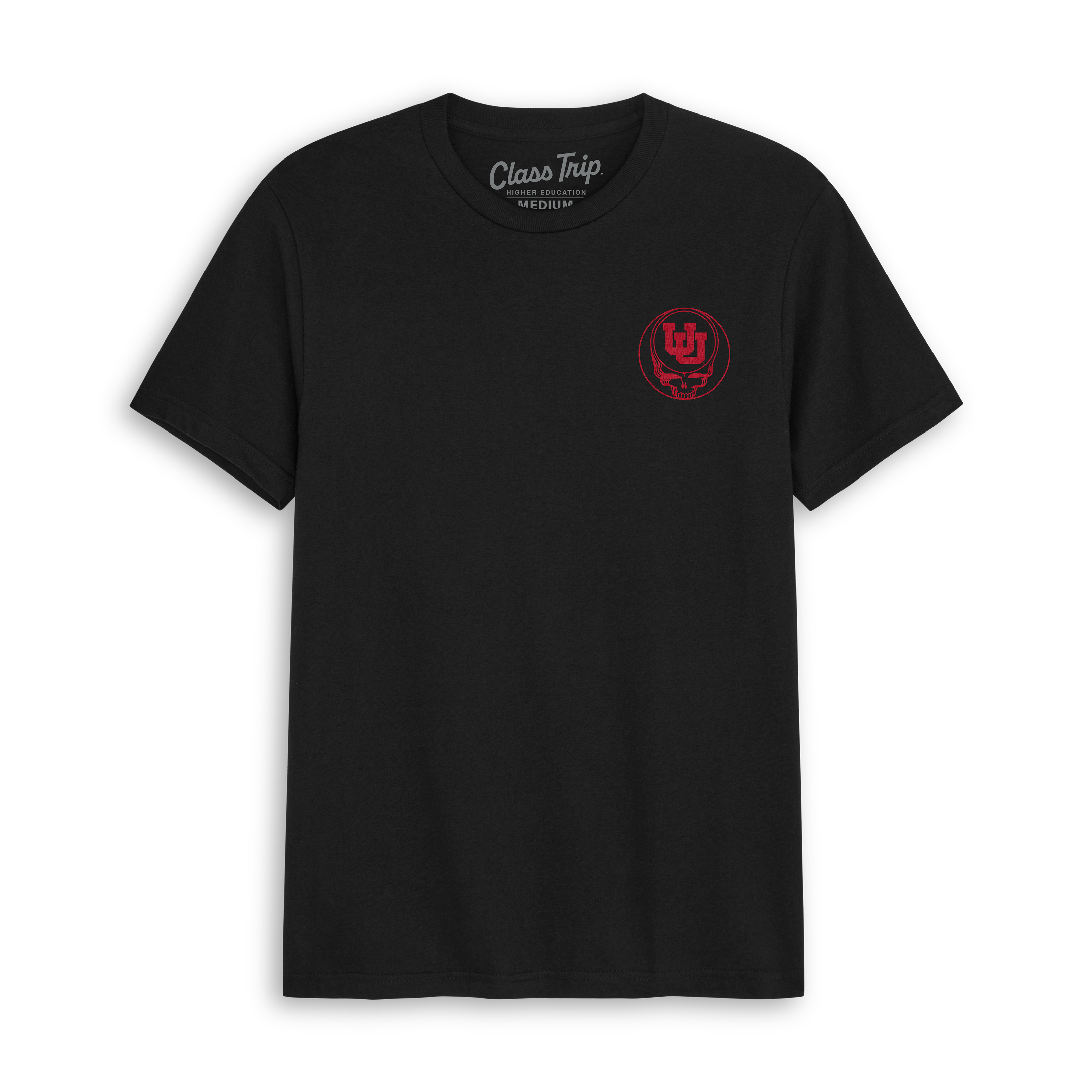 Black Utah collegiate t-shirt with red university logo graphic on chest. Class Trip | Officially Licensed Collegiate Apparel