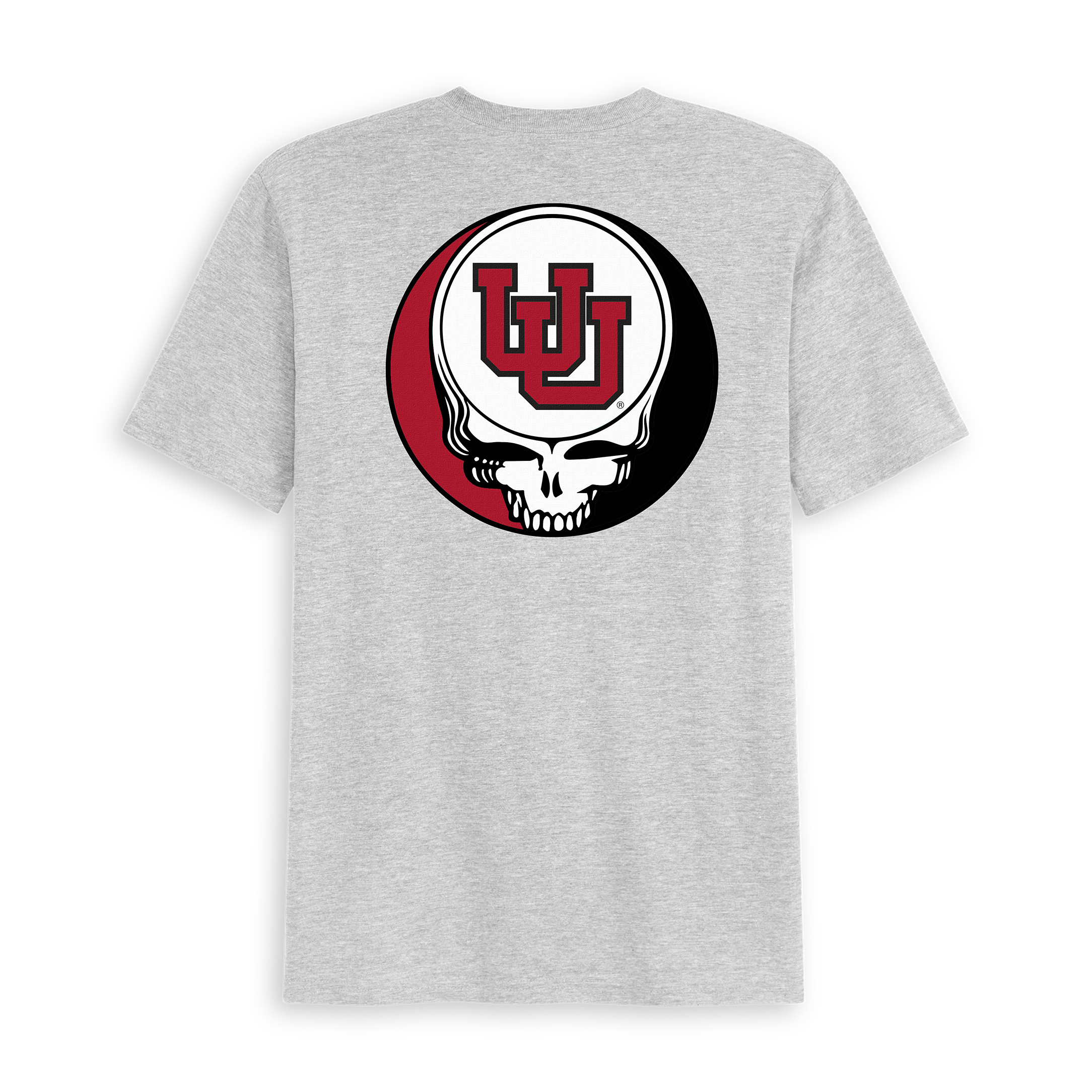 Gray tee with Utah logo and Grateful Dead skull graphic on back. Class Trip | Officially Licensed Collegiate Apparel
