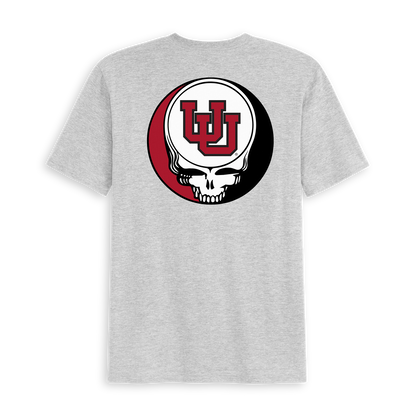 Gray tee with Utah logo and Grateful Dead skull graphic on back. Class Trip | Officially Licensed Collegiate Apparel