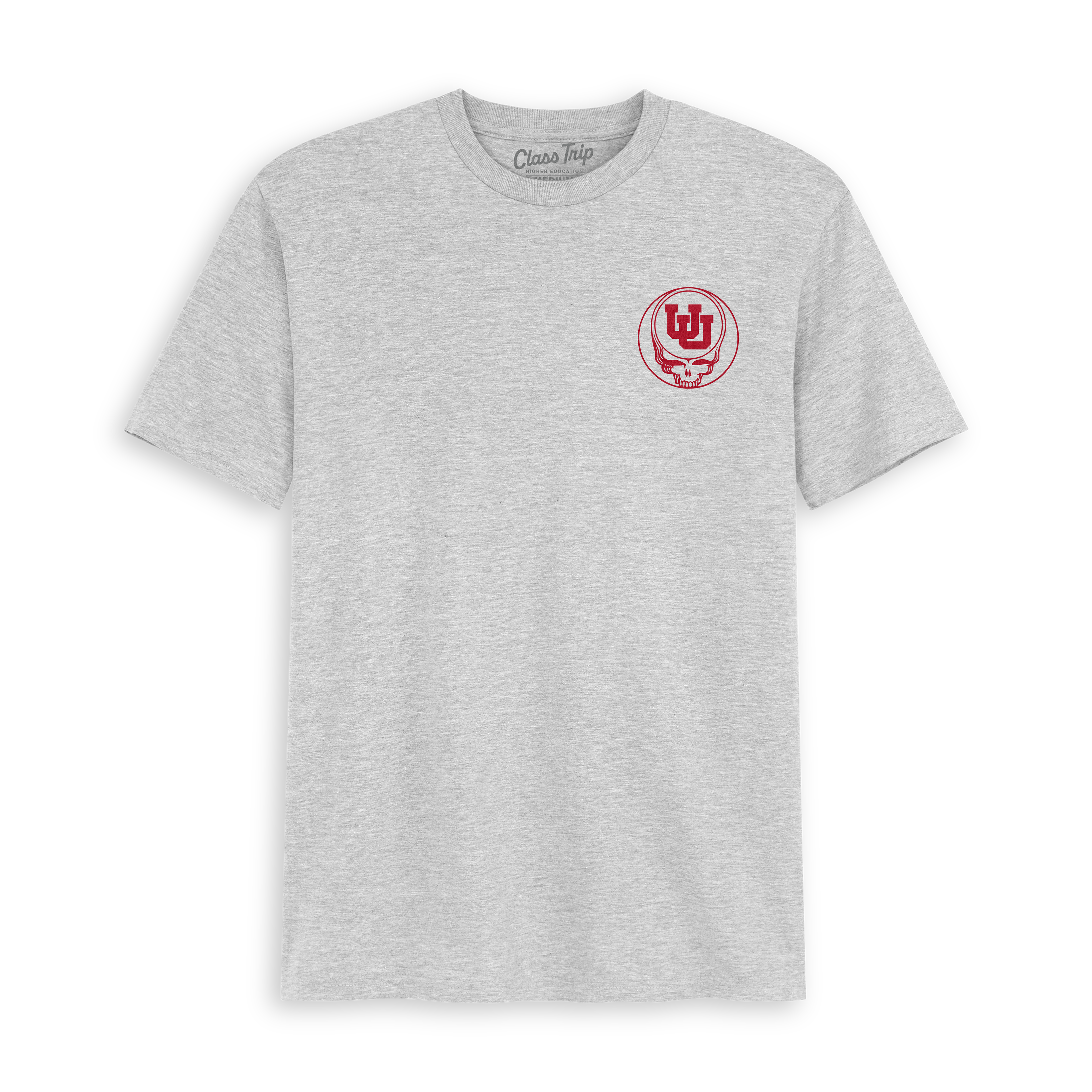Gray collegiate t-shirt with red University of Utah and skull logo graphic on chest. Class Trip | Officially Licensed Collegiate Apparel