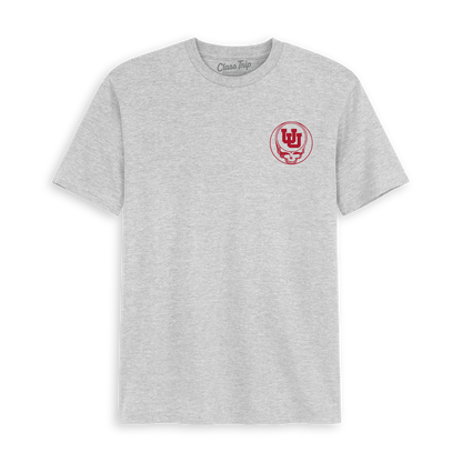Gray collegiate t-shirt with red University of Utah and skull logo graphic on chest. Class Trip | Officially Licensed Collegiate Apparel