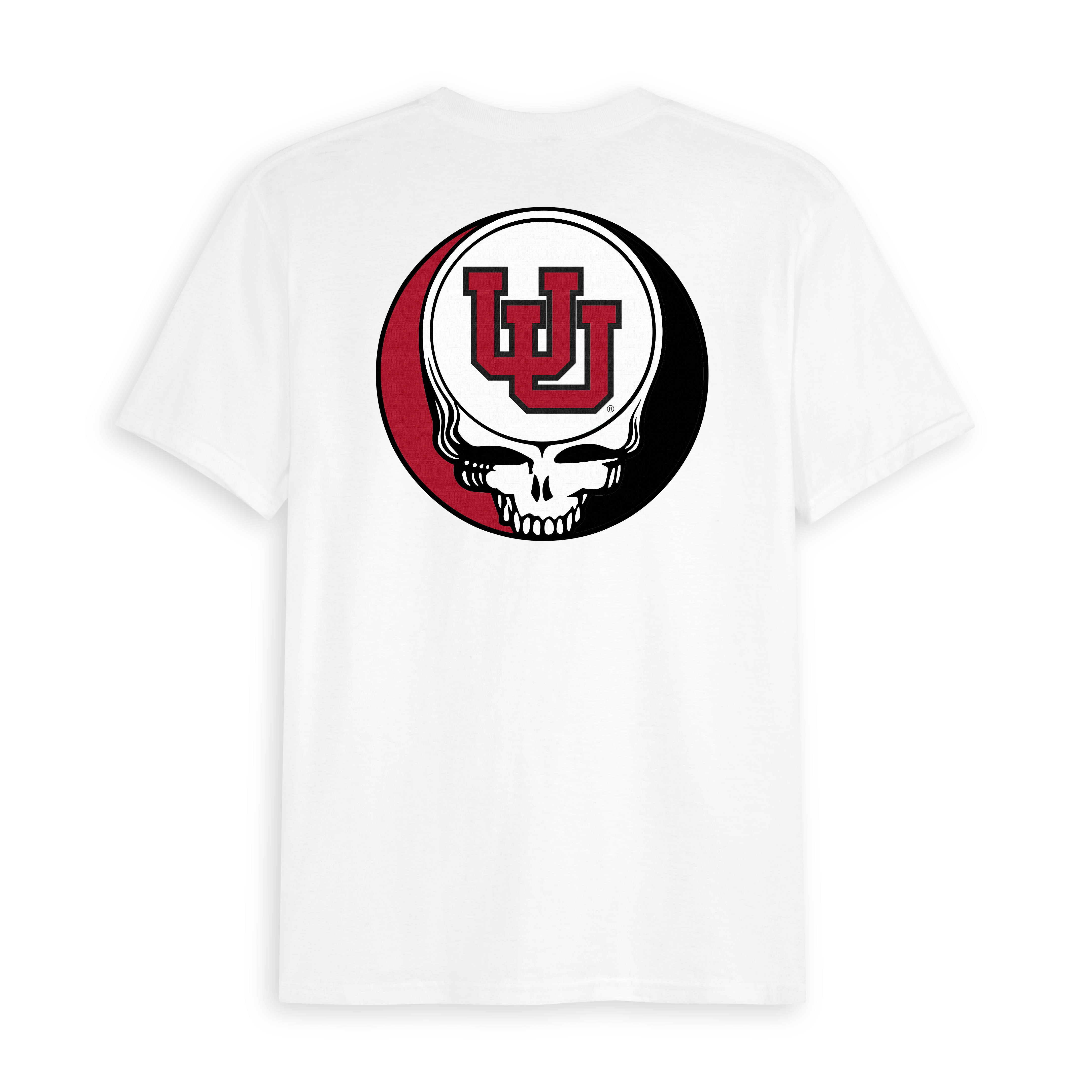 White college spirit tee with red and black skull and interlocking U logo on back, Class Trip | Officially Licensed Collegiate Apparel