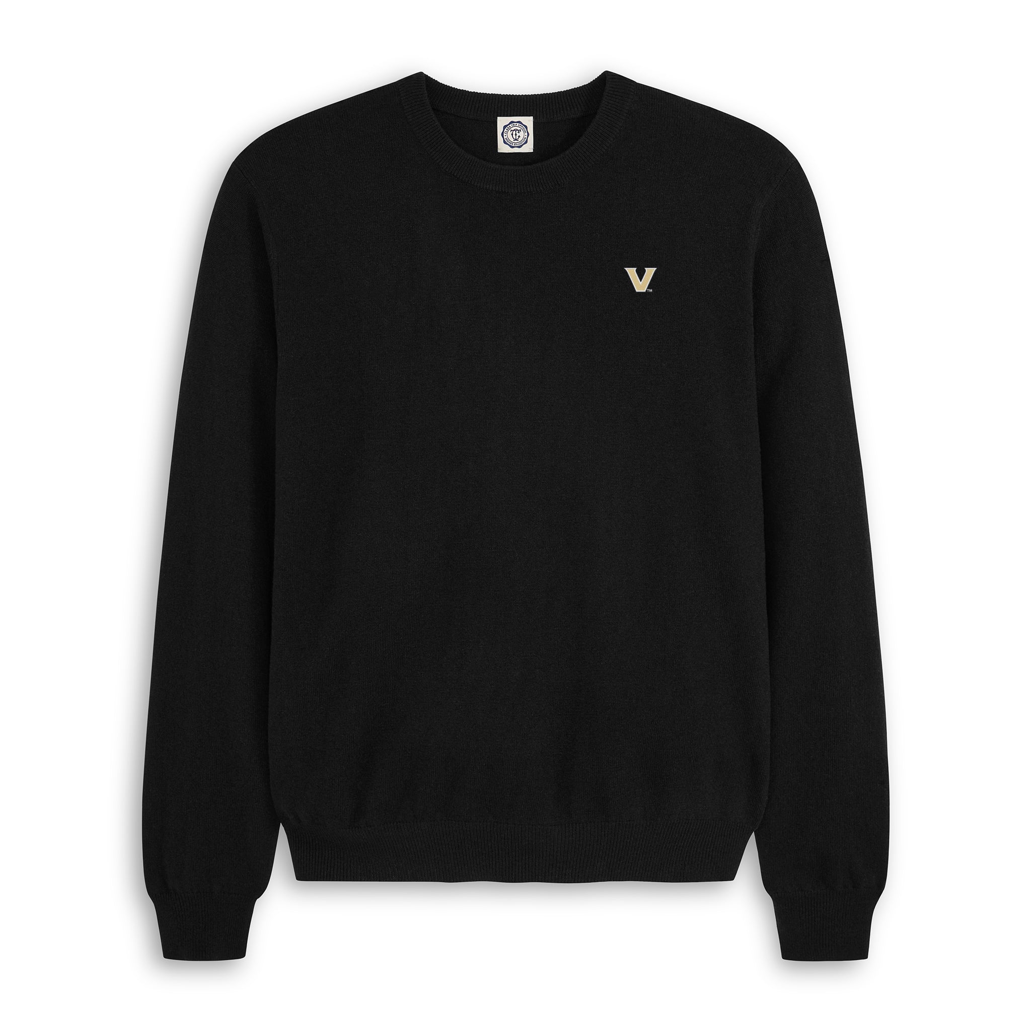 Men's black merino wool crewneck sweater with small V logo on chest, Class Trip | Officially Licensed Collegiate Apparel