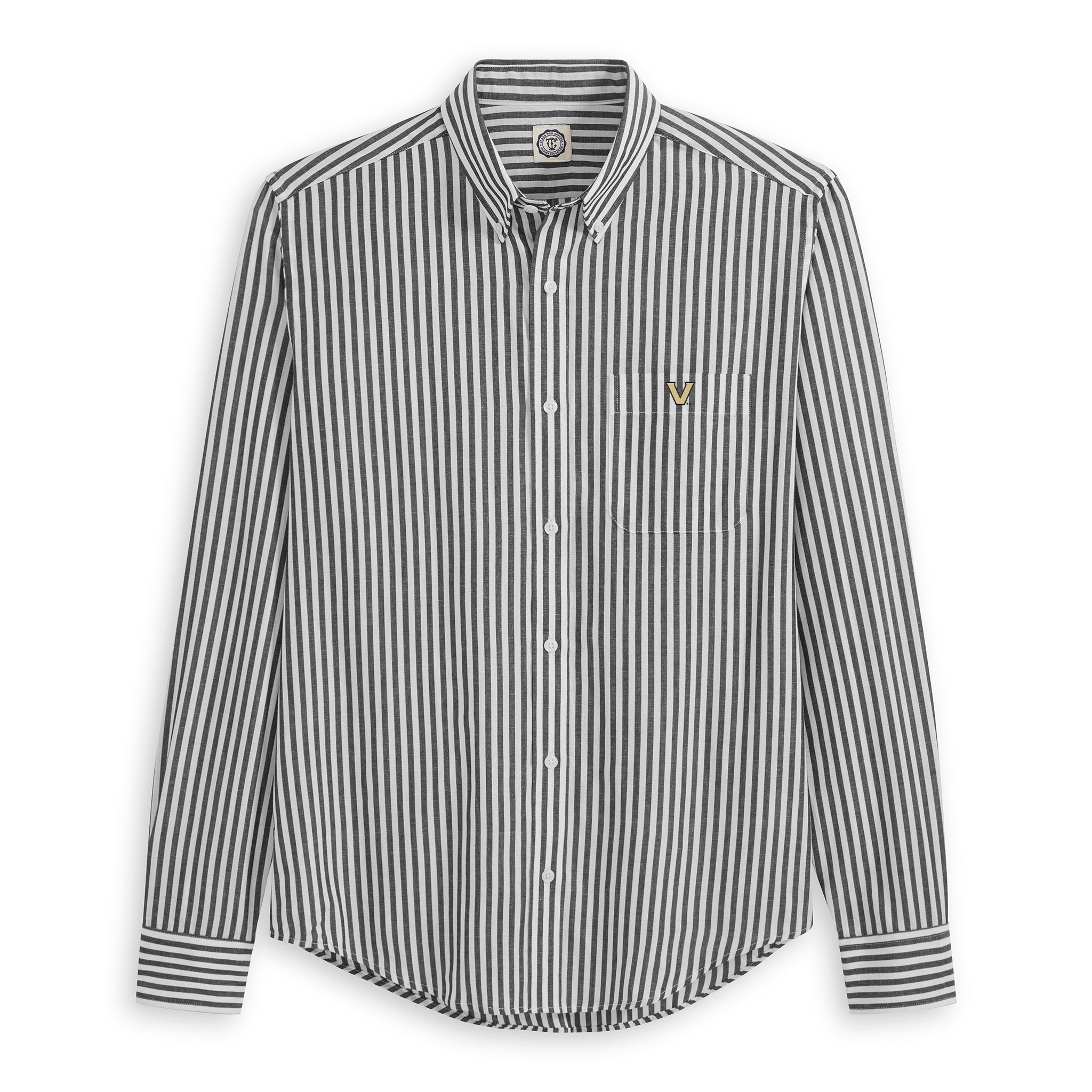 Men's black and white striped button-down shirt with chest logo, long sleeves, collegiate style. Class Trip | Officially Licensed Collegiate Apparel