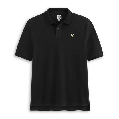 Black pique polo shirt with gold embroidered V logo, short sleeves, collegiate style. Class Trip | Officially Licensed Collegiate Apparel