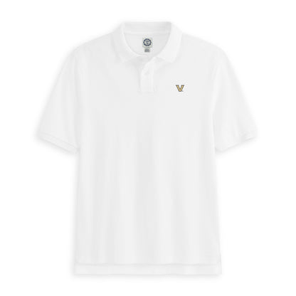 White pique polo shirt with embroidered V logo on chest, collegiate design. Class Trip | Officially Licensed Collegiate Apparel
