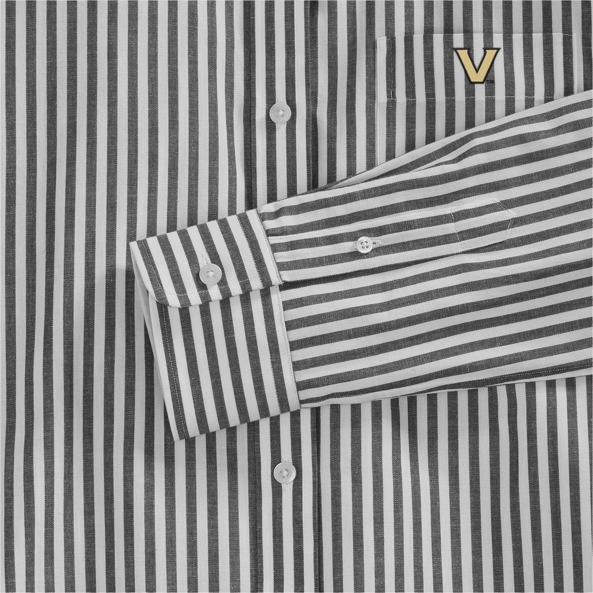 Black and white striped poplin shirt with embroidered V logo, button details. Class Trip | Officially Licensed Collegiate Apparel