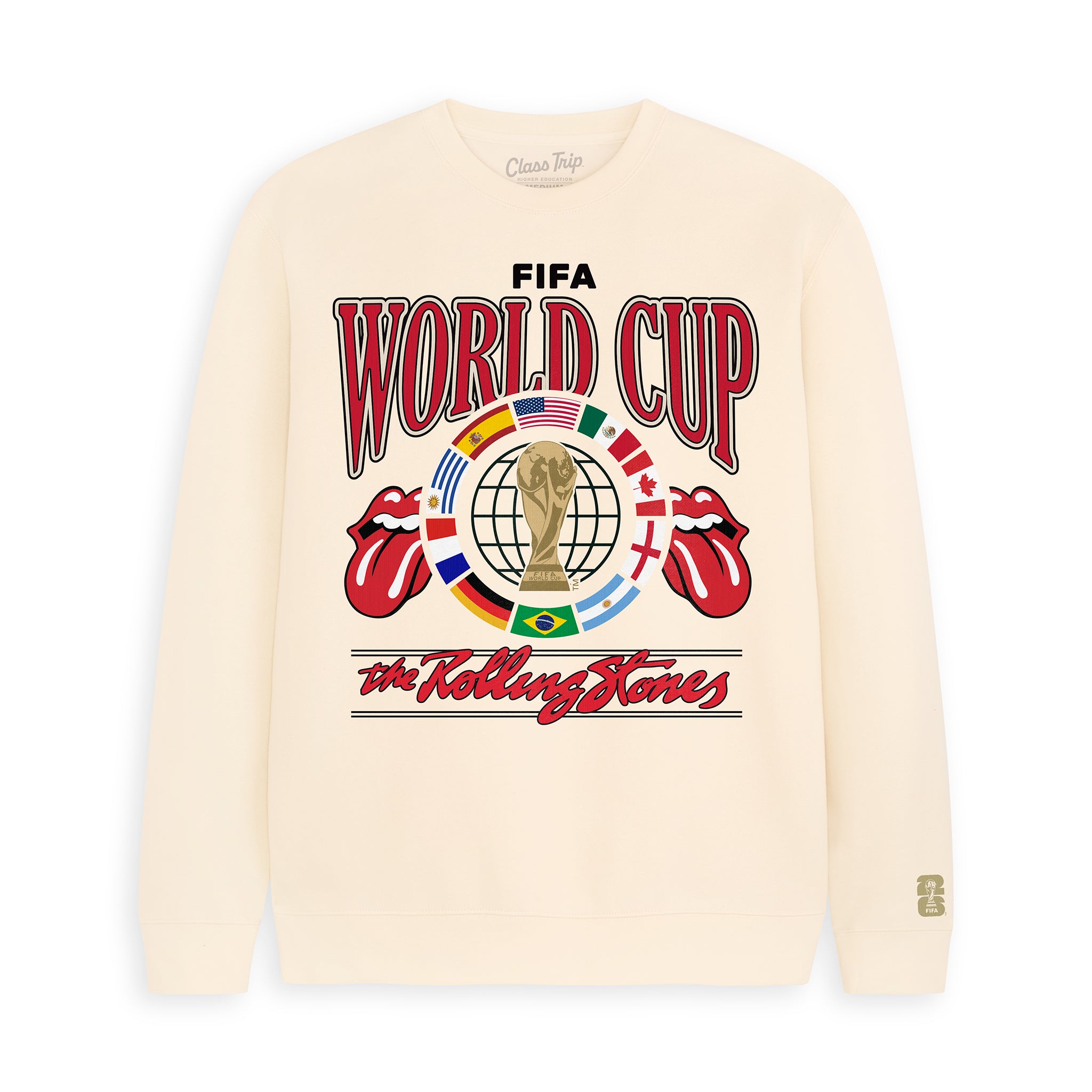 Cream FIFA World Cup x The Rolling Stones graphic sweatshirt with global flags and iconic tongue logo. Class Trip | Higher Education