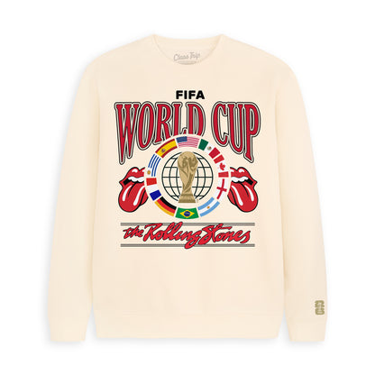 Cream FIFA World Cup x The Rolling Stones graphic sweatshirt with global flags and iconic tongue logo. Class Trip | Higher Education