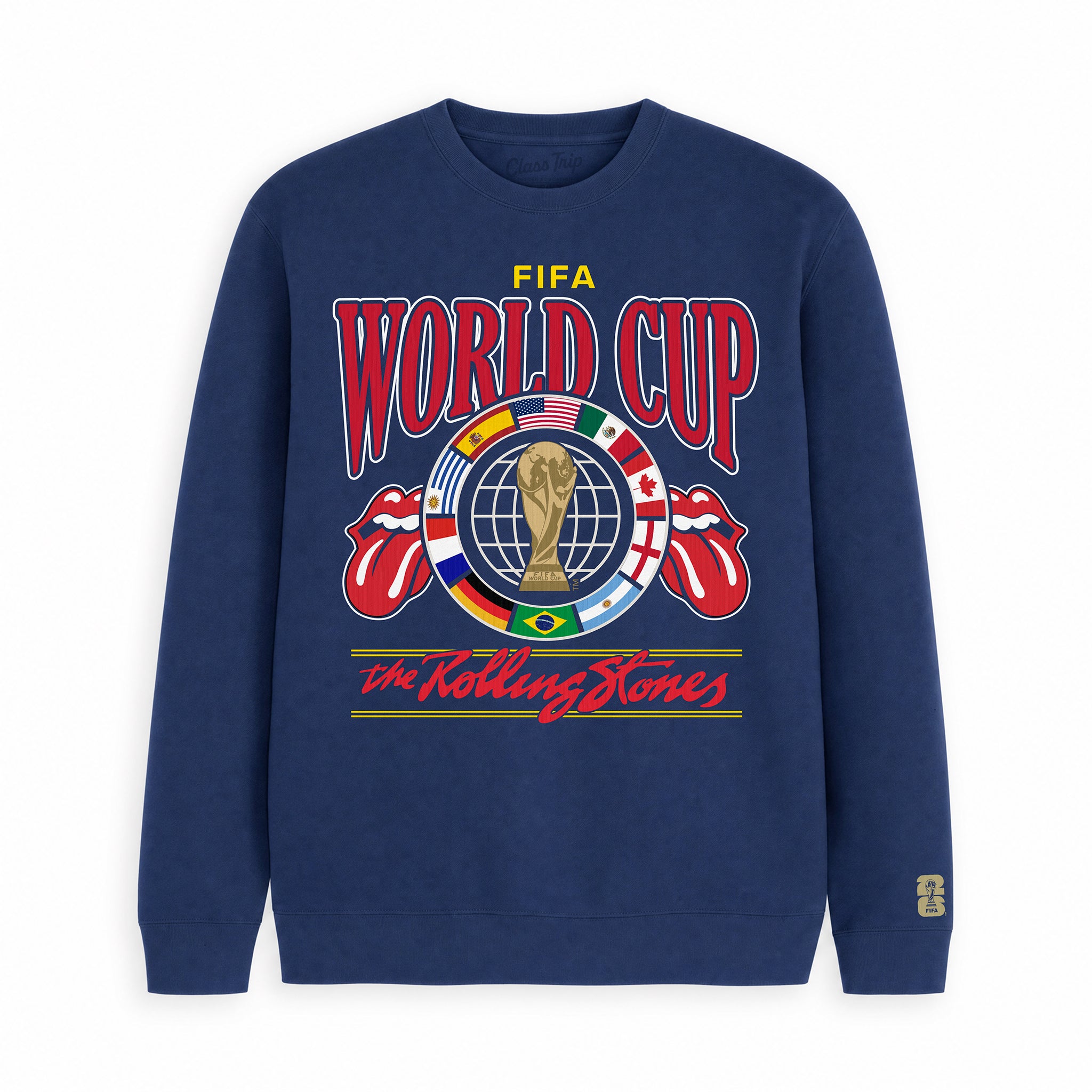 FIFA World Cup x The Rolling Stones navy crewneck sweatshirt with trophy and flags graphic. Class Trip | Higher Education