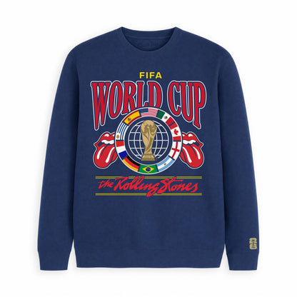 FIFA World Cup x The Rolling Stones navy crewneck sweatshirt with trophy and flags graphic. Class Trip | Higher Education