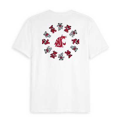 White t-shirt with Washington State logo and dancing bear graphic circle, collegiate tee. Class Trip | Officially Licensed Collegiate Apparel