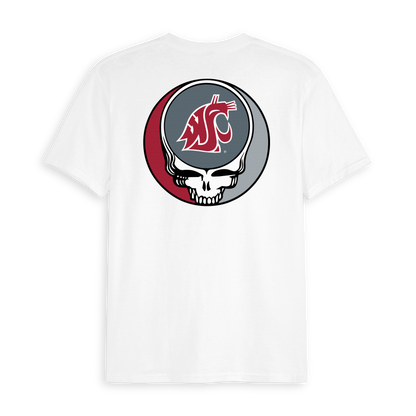 White t-shirt with Washington State University cougar logo and Grateful Dead skull graphic on back. Class Trip | Officially Licensed Collegiate Apparel
