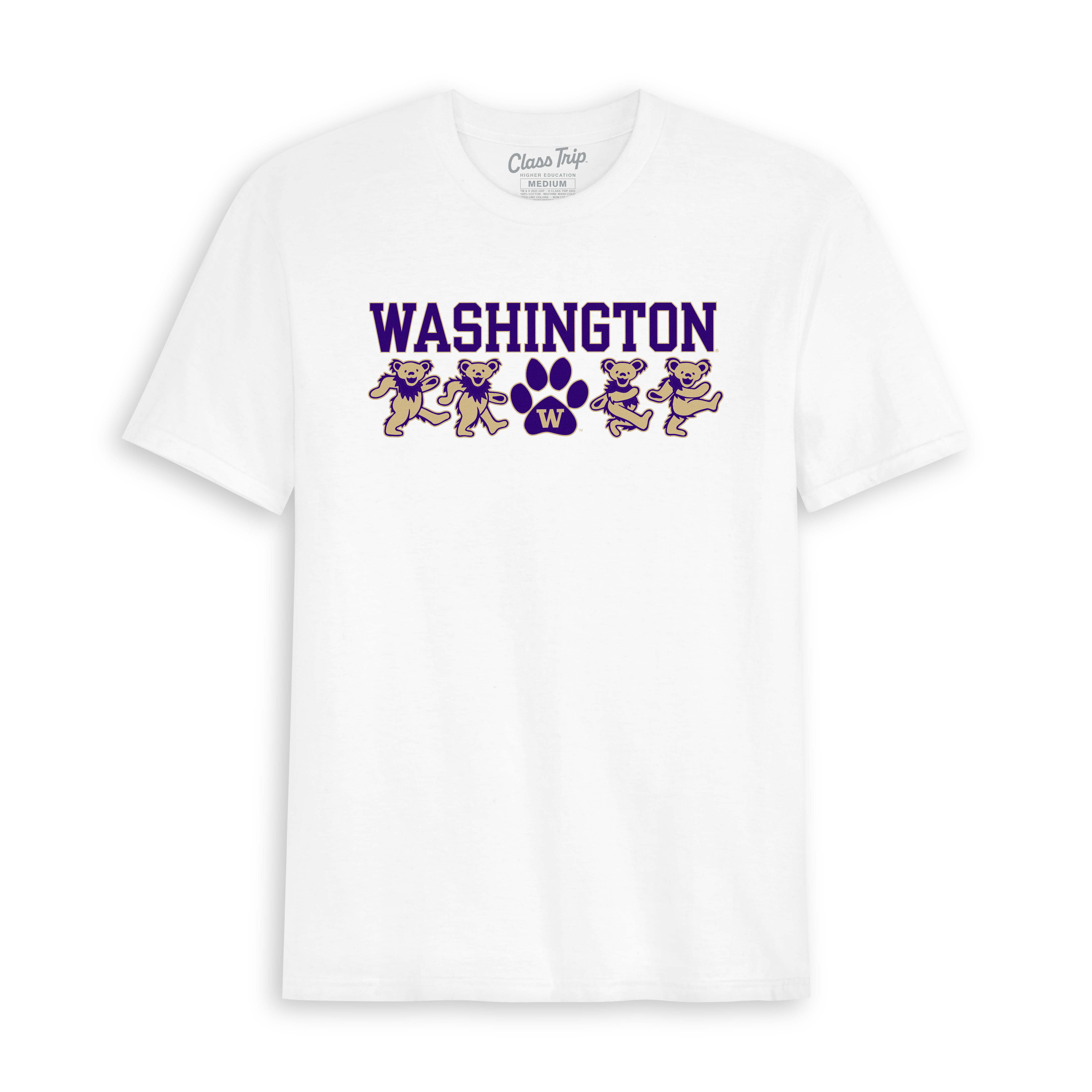 White Washington mascot bear tee with purple text and paw graphic, collegiate style. Class Trip | Officially Licensed Collegiate Apparel